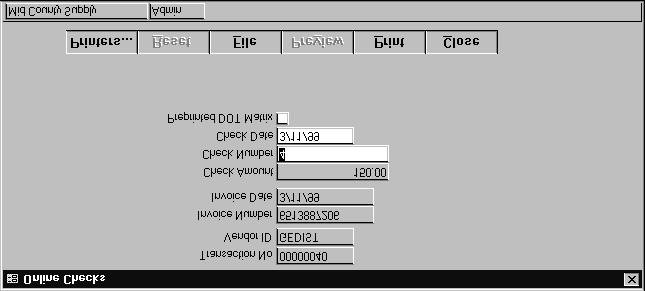Online Checks Dialog Box ¼ Transactions ¼ Transaction Entry ¼ Online Check button Overview The Online Checks dialog box appears when you select the Online Check button (Alt O) on the Transaction