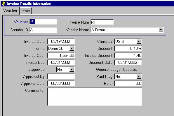 To display the Vendor Invoice Detail tab window, 1.