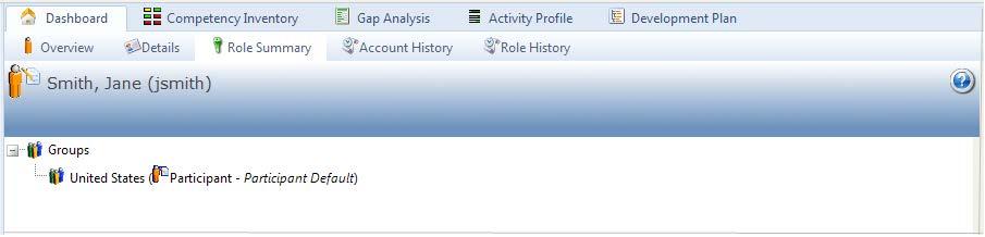 Role Summary The Role Summary tab displays a list of assigned roles and which groups that person belongs to in those roles.
