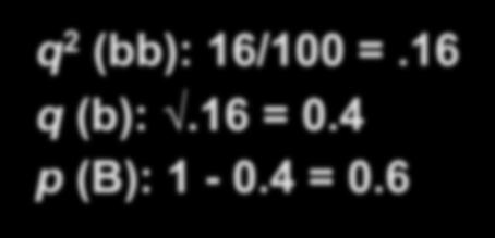 Using Hardy-Weinberg equation population: 100 cats 84 black, 16