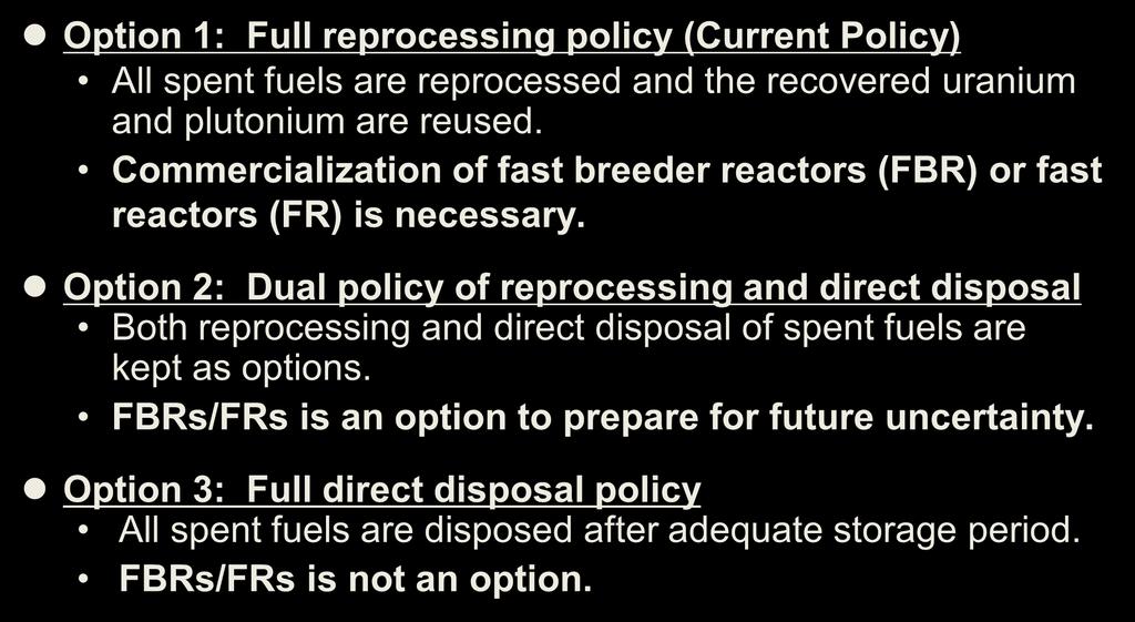 Option 2: Dual policy of reprocessing and direct disposal Both reprocessing and direct disposal of spent fuels are kept as options.