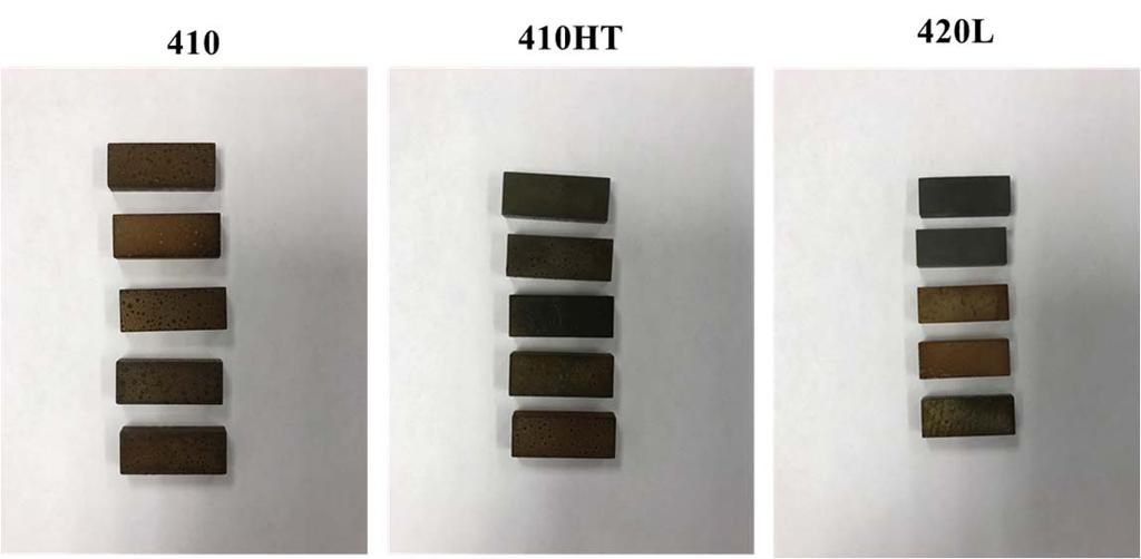 Figure 11. Corrosion specimens of 410, 410HT and 420HT after 96 hours in 5% NaCl solution The 17-4PH grades saturated in 5% NaCl for 96 hours are shown in Figure 12.