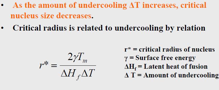 CRITICAL RADIUS VERSUS UNDERCOOLING Homogeneous nucleation occurswhen the undercooling becomes large enough to cause the formation