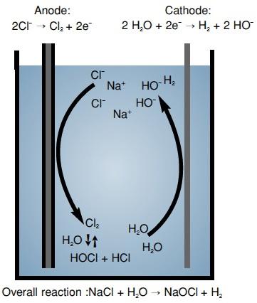 When the dilute salt solution is inside the electrochemical cell, a current is passed through the cell, producing the oxidant (sodium hypochlorite or other oxidants) solution.