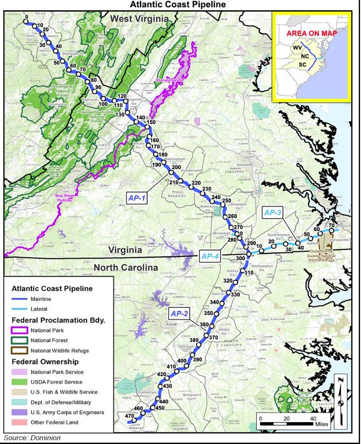 29 Atlantic Coast Pipeline Owners: Dominion, Duke, Piedmont, Southern Size: One 42 steel line (with some 36 in NC) from Harrison County, WV to North Carolina, 556 miles Capacity: 1.