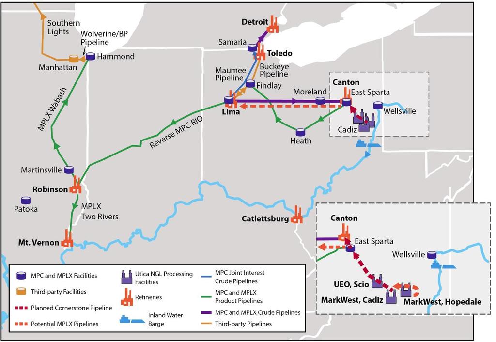 46 Cornerstone Pipeline Owners: MLPX MLP and (soon to be part of Energy Transfer MLP) Size: One 16 steel line from Harrison County Ohio to Canton, OH, 50 miles Capacity: 180,000 b/d Starts Operation: