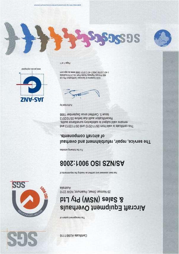 ISO 9001:2008 Certificate No AU98/1116 Expiry