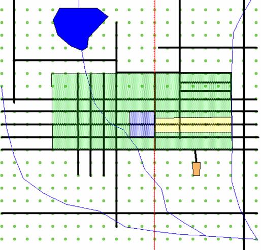 4 Among the first steps in creating Micropolis entailed the configuration of a distance grid. This grid is indicated in Figure 2 (a) and (b) as equally spaced green dots.