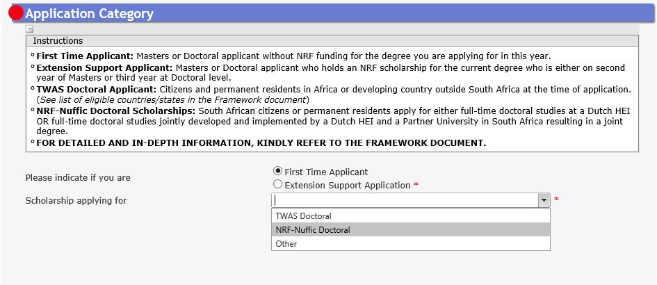 Step 6: Under the Application Category section, you have an option of applying for Extension support or applying as a First time applicant.