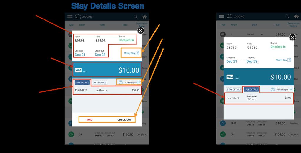 Lodging Stay Details Below is a legend for how to Stay Details pop-up screens are displayed with additional information, such as: - Stay Info (room/folio, dates, statuses) - Card Info - Transaction