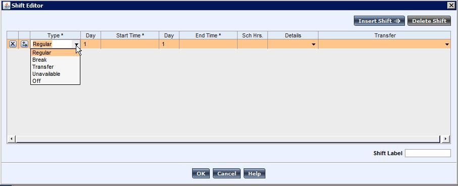 Using Schedule Editor type of shift Start Time End Time