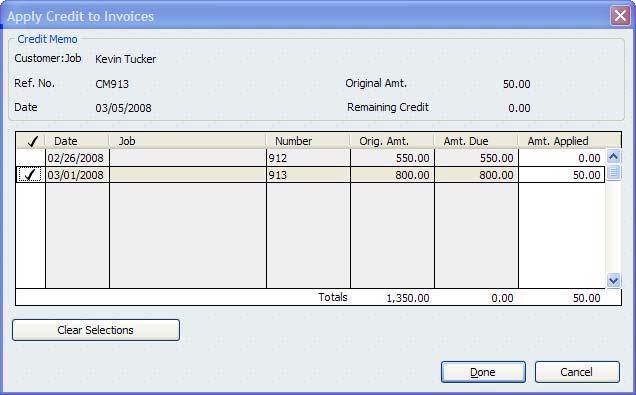 The Apply Credit Invoices window opens with invoice Number 912 selected.