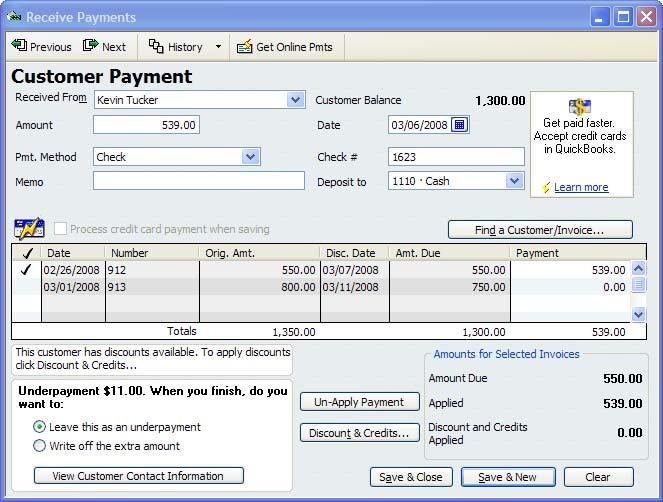QuickBooks Pro 2008 Workshop 5: Part A Mars Company Page 16 54. At the bottom, the checkbox for invoice 912 is already marked. Notice that the window notifies you of an $11.