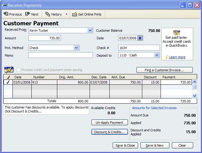 QuickBooks Pro 2008 Workshop 5: Part A Mars Company Page 18 60. Enter the Amount of 735. 61. Enter 3/7/08 as the Date. 62. Enter his Check # of 1634. 63.