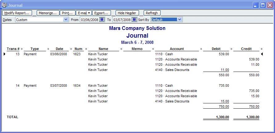 QuickBooks Pro 2008 Workshop 5: Part A Mars Company Page 19 68. Enter the filtering dates of 3/6/08 to 3/7/08 and the report displays as illustrated next. 69.