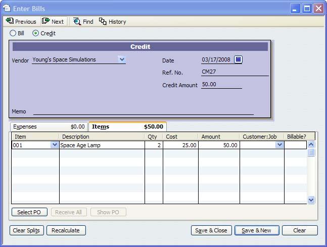 QuickBooks Pro 2008 Workshop 5: Part A Mars Company Page 24 Posting Vendor Credit Memos 94. Notice that in this window you cannot apply the credit to invoice 7960.