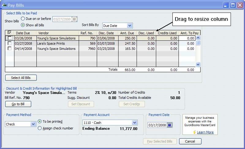 QuickBooks Pro 2008 Workshop 5: Part A Mars Company Page 26 101. First, change the Payment Date to 3/25/08 so that discounts calculate properly. 102.