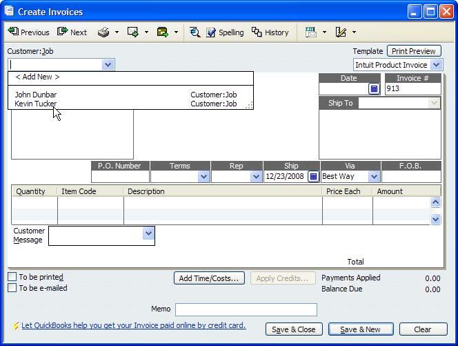 QuickBooks Pro 2008 Workshop 5: Part A Mars Company Page 8 4. You will now record this invoice. Click Create Invoices on the Home page. 5. Click the lookup icon on the Customer:Job field and then click to select Kevin Tucker as illustrated next.