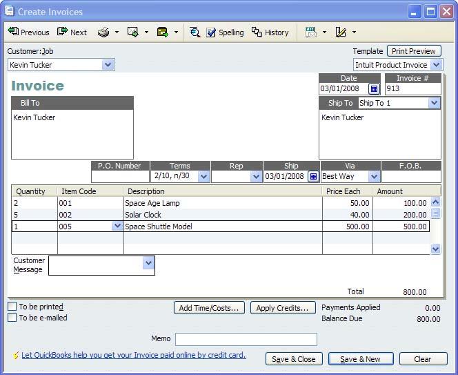 QuickBooks Pro 2008 Workshop 5: Part A Mars Company Page 9 13. The completed invoice is illustrated next. Correcting a Sale invoice Prior to Posting 14. Review your invoice one last time.