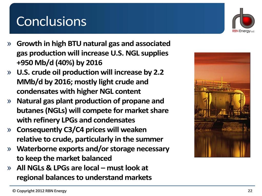 Growth in high BTU natural gas and associated gas production will increase U.S. NGL supplies +950 Mb/d (40%) by 2016 U.S. crude oil production will increase by 2.