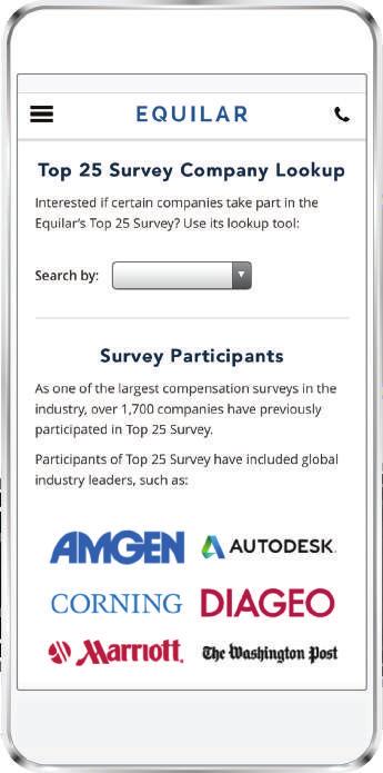 Easy to Use Top 25 Survey Company Lookup Tool You can find the Top 25 Survey Company Lookup Tool by visiting www.equilar.com/survey-tool or email survey@equilar.