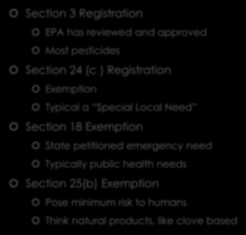 Four Types of Labels Section 3 Registration EPA has reviewed and approved Most pesticides Section 24 (c ) Registration Exemption Typical a Special Local Need Section