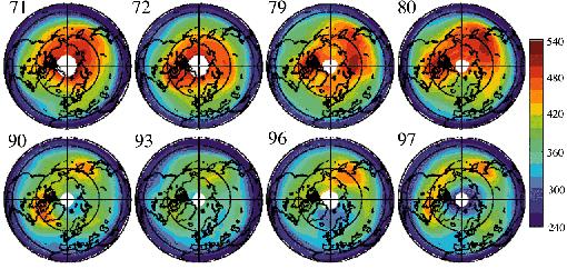 Ozone Depletion High ozone values are yellow-red in color, while low total ozone values are blue-purple in