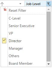 2. To activate the filtering options, click the Filter button. 3. To filter the contacts based on the job level, click the Job Level column. 4. Choose a filter by selecting the check box.