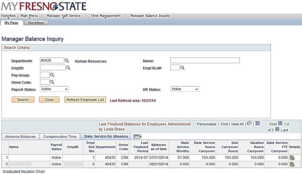 The Manager Balance Inquiry / State Service for Absence page displays. The State Service Balances display.