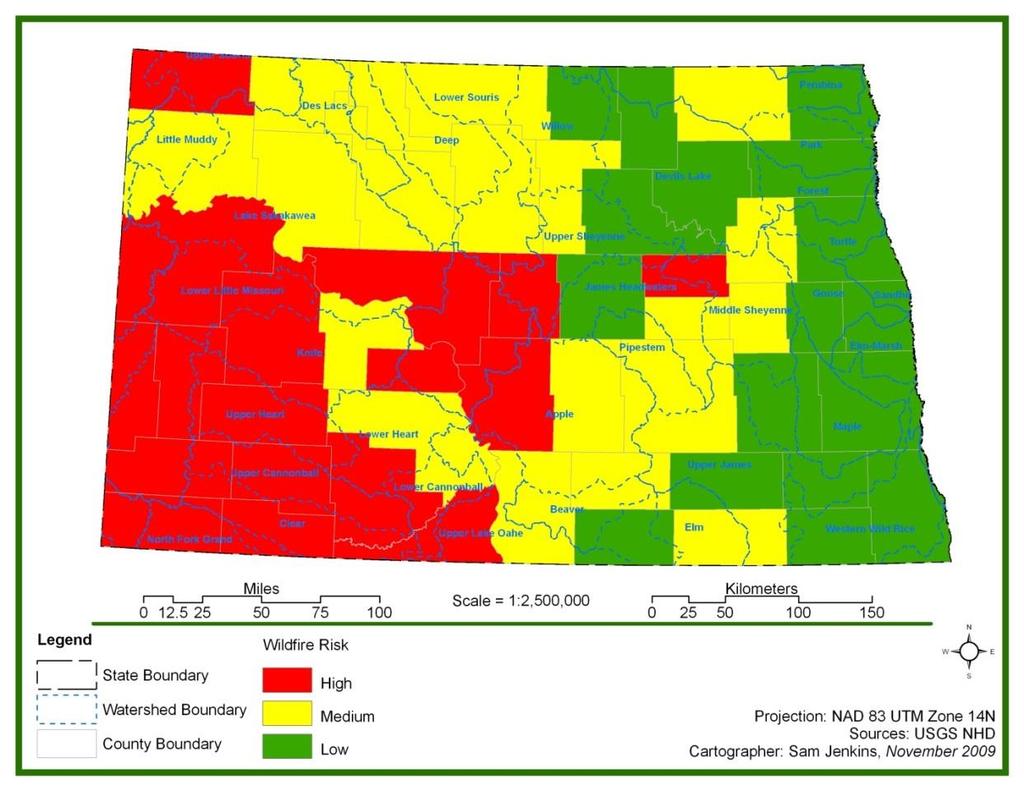 Figure 2. Wildfire Risk by County in North Dakota in 2010.