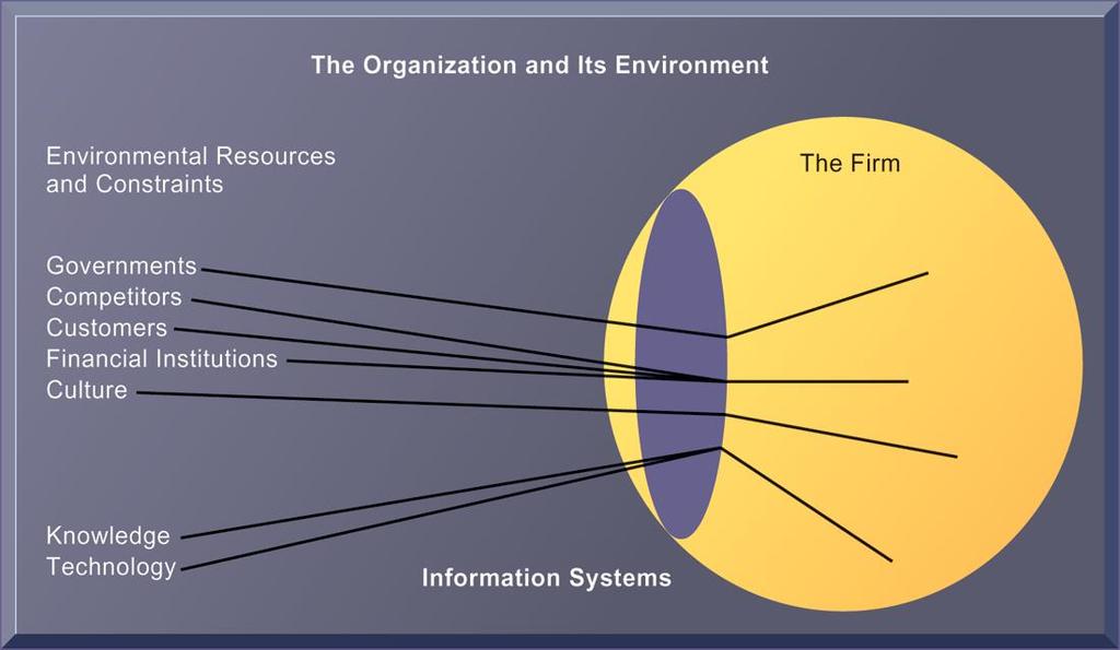 Organizations and Information Systems ENVIRONMENTS AND ORGANIZATIONS HAVE A RECIPROCAL RELATIONSHIP FIGURE 3-5 Environments shape what organizations can do, but organizations can influence their