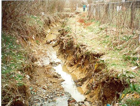 Examples of Erosion: Stream channel erosion is due to increased runoff volume and