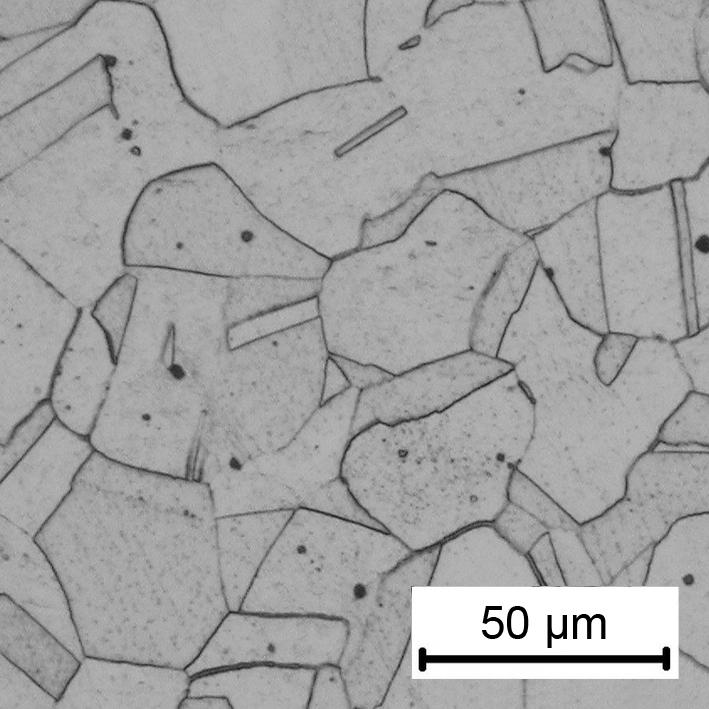 Cu is coarse grained with the middle grain size of ~ 50 µm and low yield stress and strength point but excellent reduction in area (65%). Tab.1.