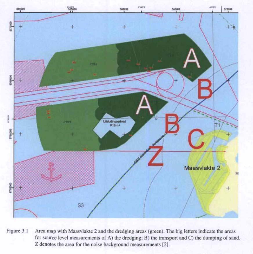Locations of measurement : Underwater sound / noise B = Transit of TSHD (2009) A = Dredging (2009) Z
