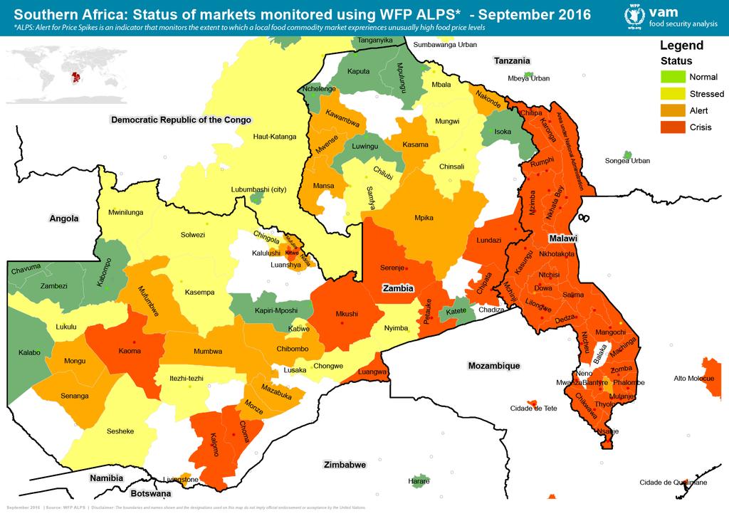 The above map visualizes the data from Table 2. The map highlights that most districts in Malawi are in ALPS Crisis status with regard to maize retail prices.