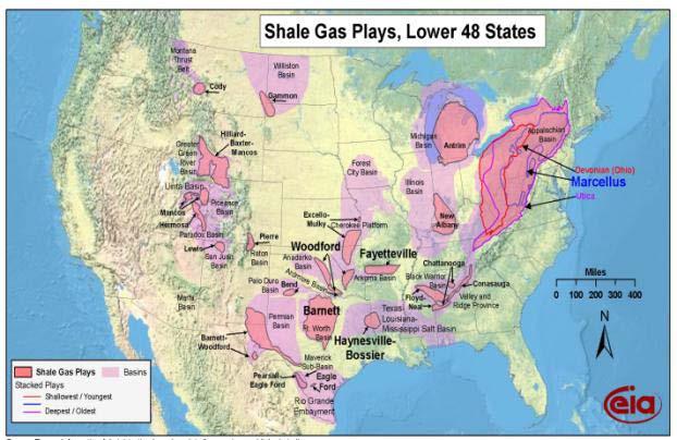 Shale Gas Plays The most active U.S. shale plays to date are: the Barnett Shale, the Fayetteville Shale in Arkansas, the Antrim Shale in Michigan, the Haynesville Shale in Louisiana, the Marcellus