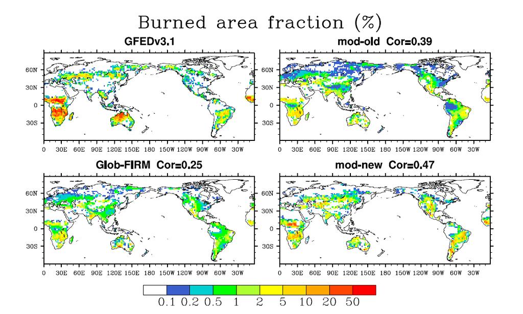 Burned Area Fraction Mod-new successfully reproduces the global spatial distribution of annual burned area fraction Mod-new is more skillful