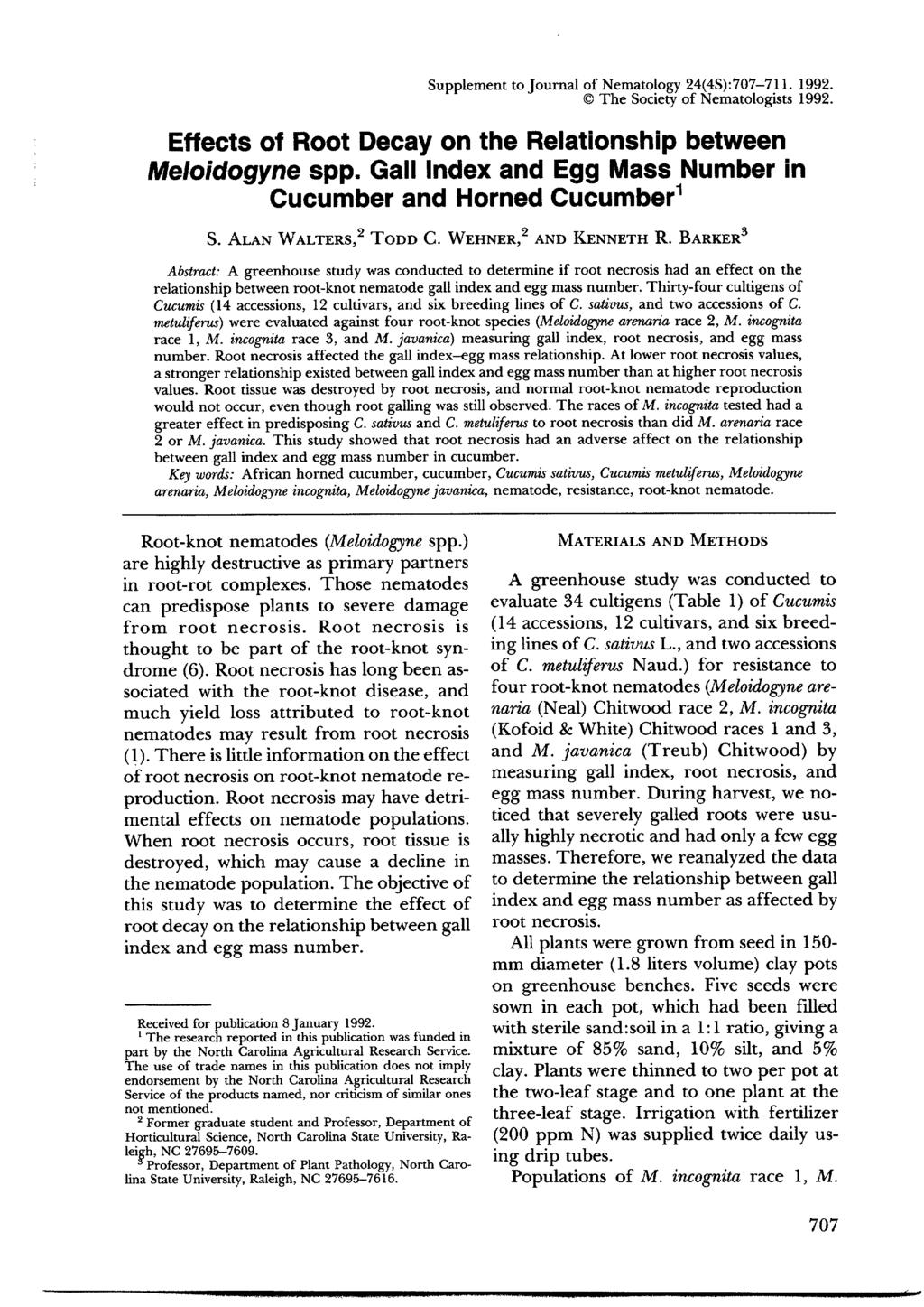 Supplement to Journal of Nematology 24(4S):707-711. 1992. The Society of Nematologists 1992. Effects of Root Decay on the Relationship between Meloidogyne spp.
