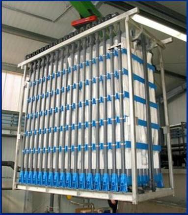The fibers are arranged in bundles and are submerged vertically into the activated sludge. To maintain the filtration rate of the membrane modules, air scouring is carried out at regular intervals.