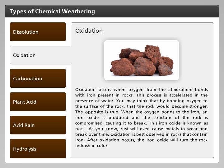 Oxidation Oxidation occurs when oxygen from the atmosphere bonds with iron present in rocks. This process is accelerated in the presence of water.