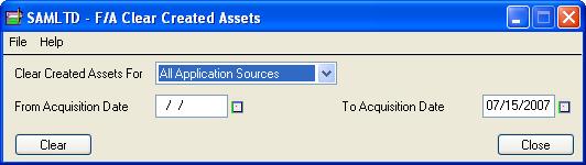 Clearing Created Assets Clearing Created Assets You use the Clear Created Assets form to remove from your Sage 300 ERP database details of assets for which you have created a record in Sage Fixed