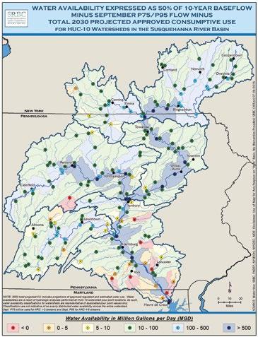 Susquehanna River Basin Commission availability, with several watersheds in the Lower Susquehanna subbasin assessed at less than or equal to 0 mgd, or no remaining availability.