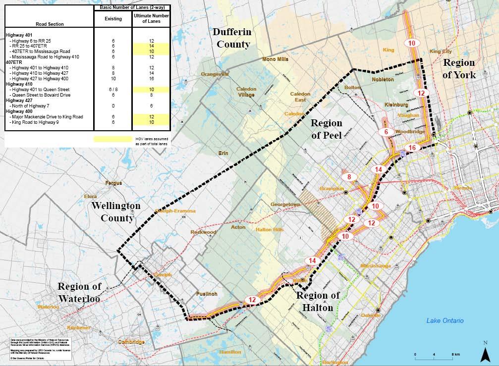 Group 3: Includes Widened / Improved Existing Roads Alternative 3-1 This alternative includes initiatives by others including Metrolinx, MTO and municipalities The ultimate number of lanes shown in