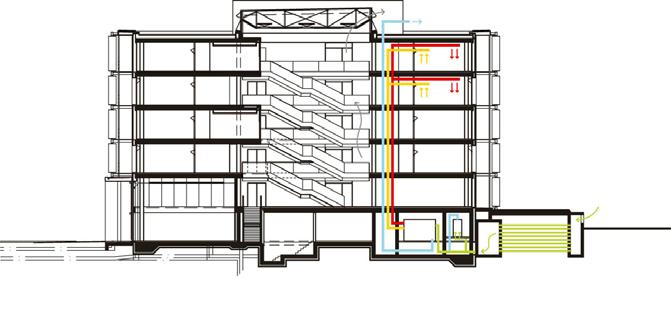 The key elements of the 6-story building with a total volume of 38 615 m 3, a ground surface area of 1 886 m 2 and a total floor surface area of 8 533 m 2 are the highly insulated building envelope,