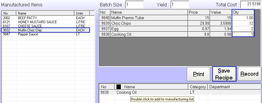 Creating a Manufactured Item batch recipe: Before using the Manufacturing module to record the manufacturing of stock items, a base batch recipe needs to be created and saved onto the GAAP system.