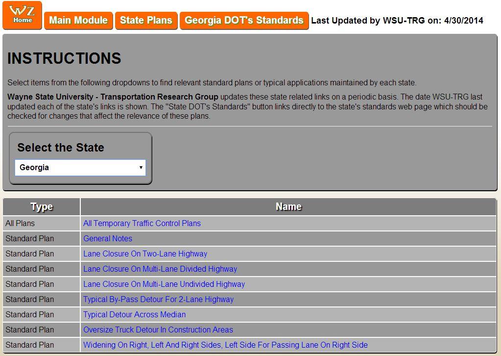 STATE-SPECIFIC EXAMPLE Returns User to Work Zone Safety Homepage Link to the Individual State s Standard Plans