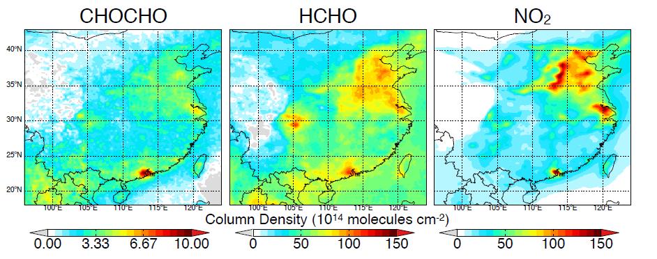 China is more complicated: high anthropogenic VOCs OMI annual mean tropospheric column data, 2006-2007 Glyoxal (CHOCHO) Formaldehyde (HCHO) NO 2 (440-460 nm) (340-360 nm) (420-450 nm) VOC