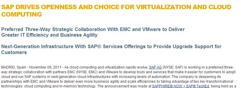 EMC, SAP & VMware Announce Preferred Strategic Collaboration News Release on SAP.