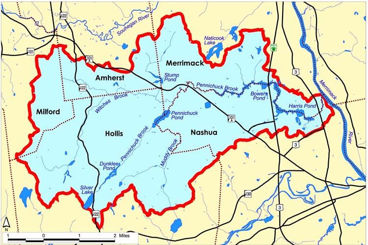 INTRODUCTION The Pennichuck Brook watershed (Figure 1) includes approximately 17,700 acres within the communities of Amherst, Hollis, Merrimack, Milford and Nashua and is the primary drinking water