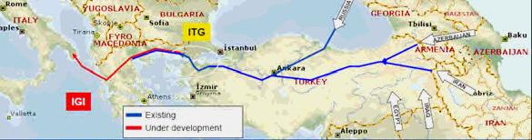 IGI Italy Greece Interconnector 11 BCM Onshore section 600 km in Greece and 215 km Poseidon Offshore be in operation 2012.